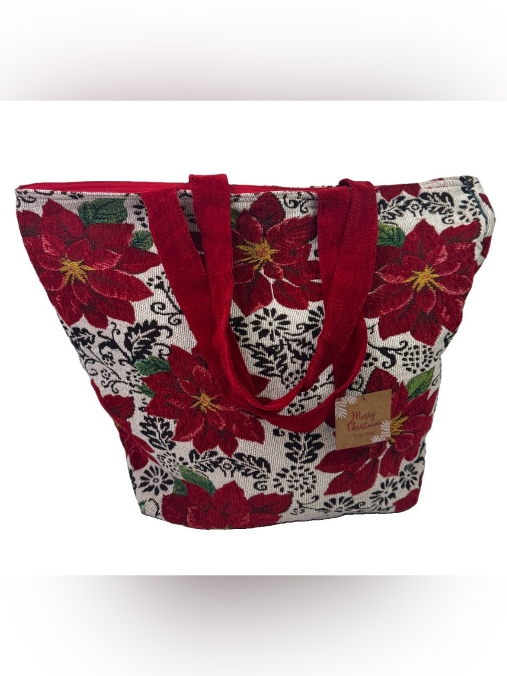 NWT Merry Christmas Tote Bag Poinsettia Floral Themed Style #TRSNO-TB 23x18x9”